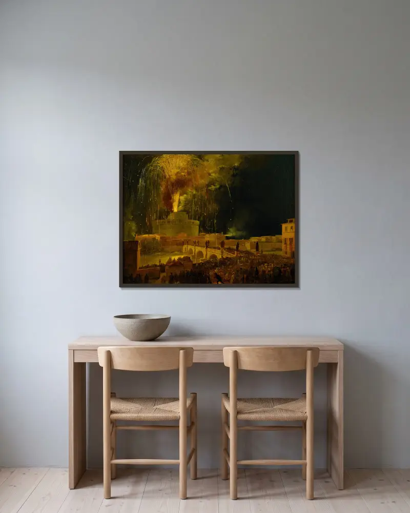 Fyrverkeriet La Girandola från Castel Sant'Angelo i Rom av Ippolito Caffi inramad på en vägg