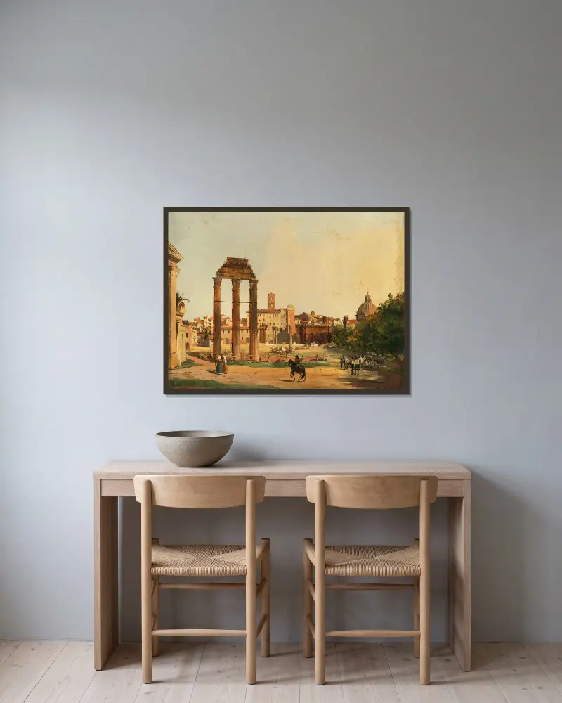 Rom, vy över Forum Romanum med Castor- och Polluxtemplet av Ippolito Caffi inramad på en vägg