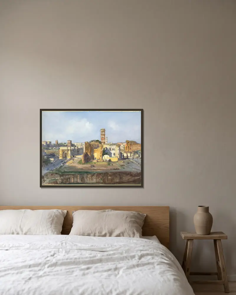 Der Titusbogen und der Tempel der Venus und der Roma beim Forum Romanum von Ippolito Caffi gerahmt an einer Wand