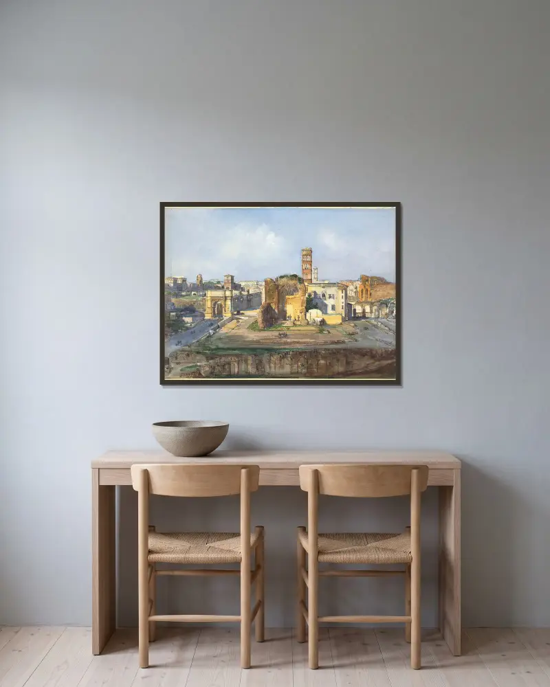 Der Titusbogen und der Tempel der Venus und der Roma beim Forum Romanum von Ippolito Caffi gerahmt an einer Wand