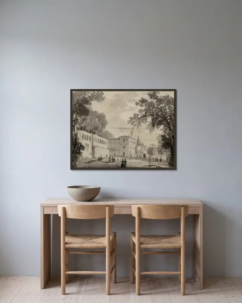 Vy över akvedukten och Aranciera i Villa Borghese, Rom av Ippolito Caffi inramad på en vägg