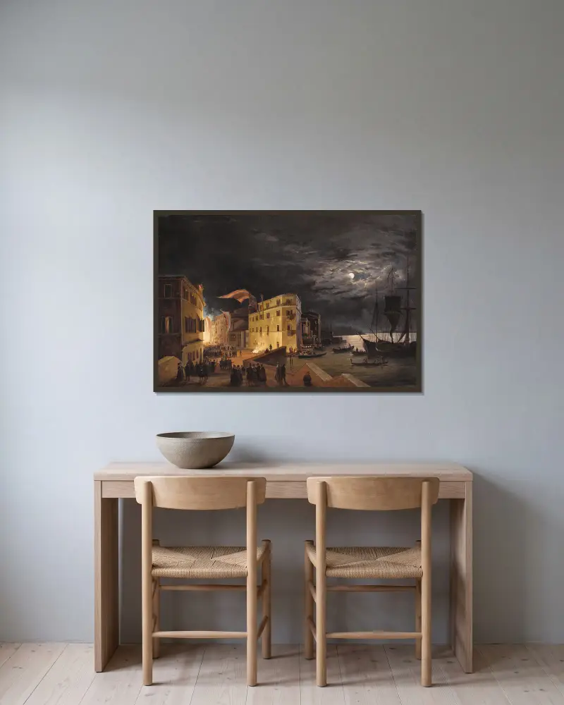 Wenecja, nocne święto na Via Eugenia, Ippolito Caffi w ramie na ścianie