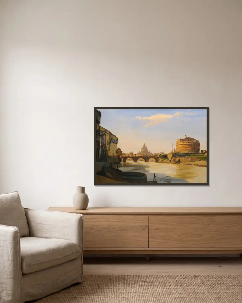 Vy över Castel Sant'Angelo, Rom av Ippolito Caffi inramad på en vägg