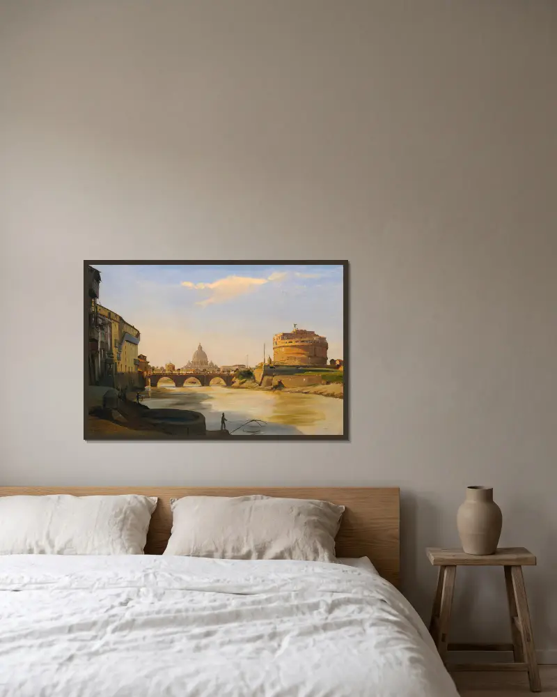 Vy över Castel Sant'Angelo, Rom av Ippolito Caffi inramad på en vägg
