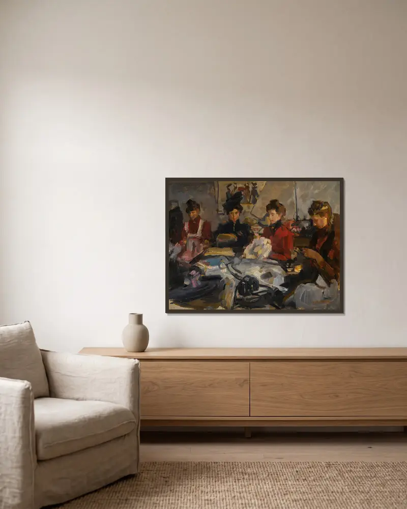Die Putzmacherinnenwerkstatt von Isaac Israëls gerahmt an einer Wand