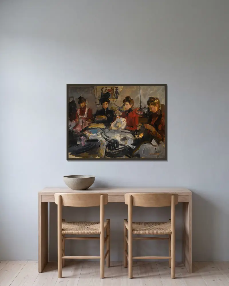 Die Putzmacherinnenwerkstatt von Isaac Israëls gerahmt an einer Wand
