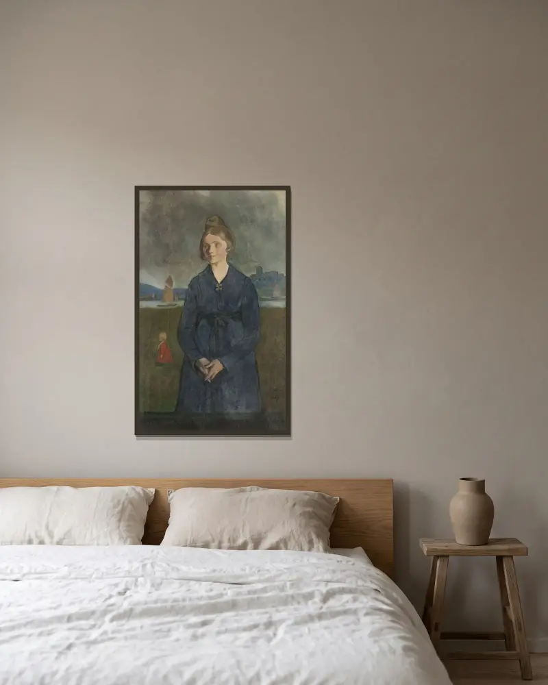Eva med Bohus fästning i bakgrunden av Ivar Arosenius inramad på en vägg