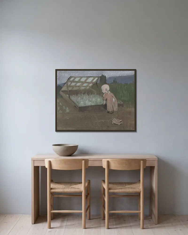 Lillan vid en drivbänk av Ivar Arosenius inramad på en vägg