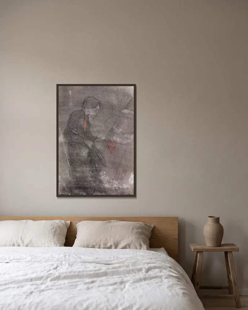 Selbstporträt mit einem Herzen in der Hand von Ivar Arosenius gerahmt an einer Wand