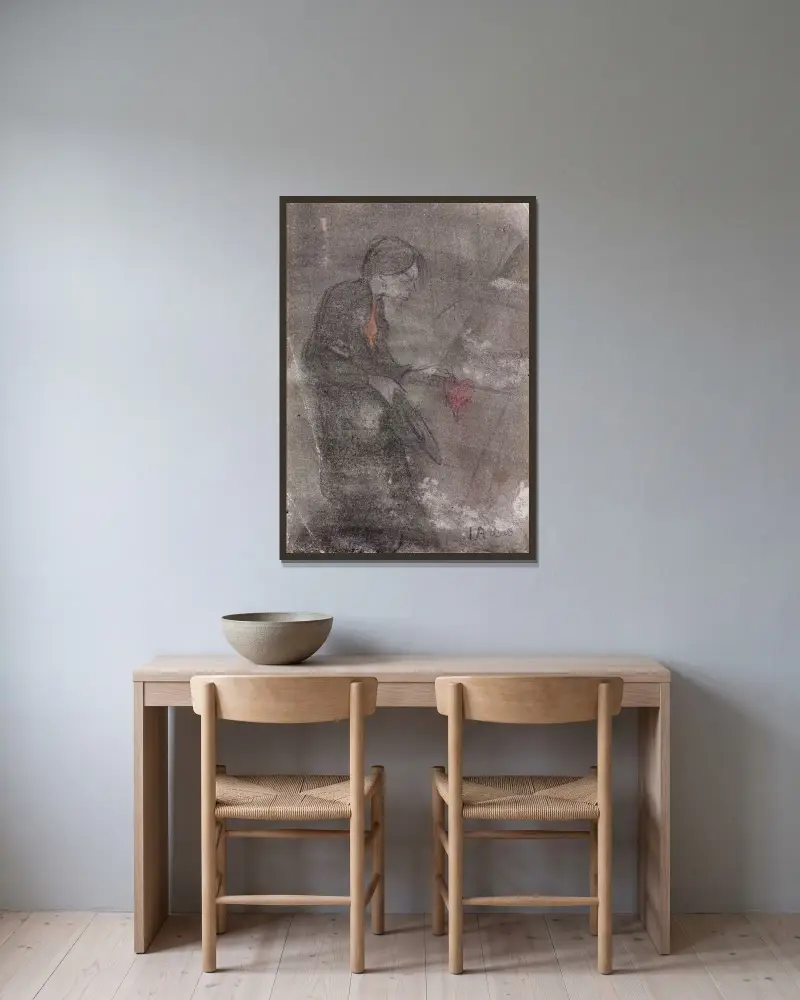 Selbstporträt mit einem Herzen in der Hand von Ivar Arosenius gerahmt an einer Wand