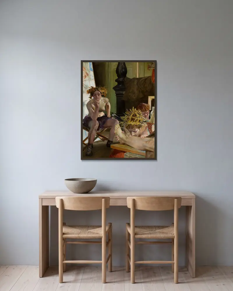 Der Tod des Künstlers von Jacek Malczewski gerahmt an einer Wand