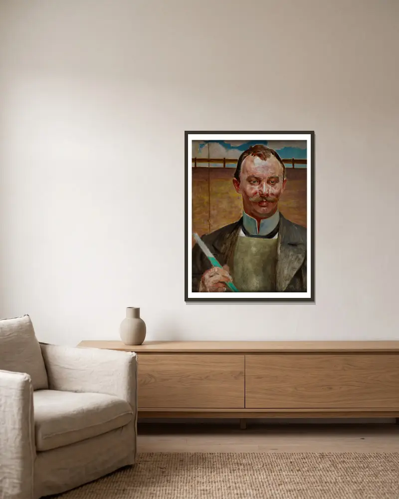 Porträtt av Alfred Stepek av Jacek Malczewski inramad på en vägg