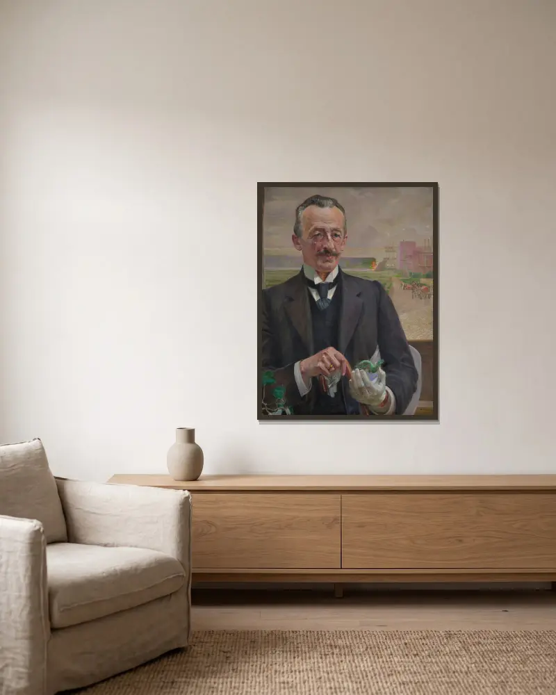 Porträtt av Józef Sare, Krakóws vicepresident av Jacek Malczewski inramad på en vägg
