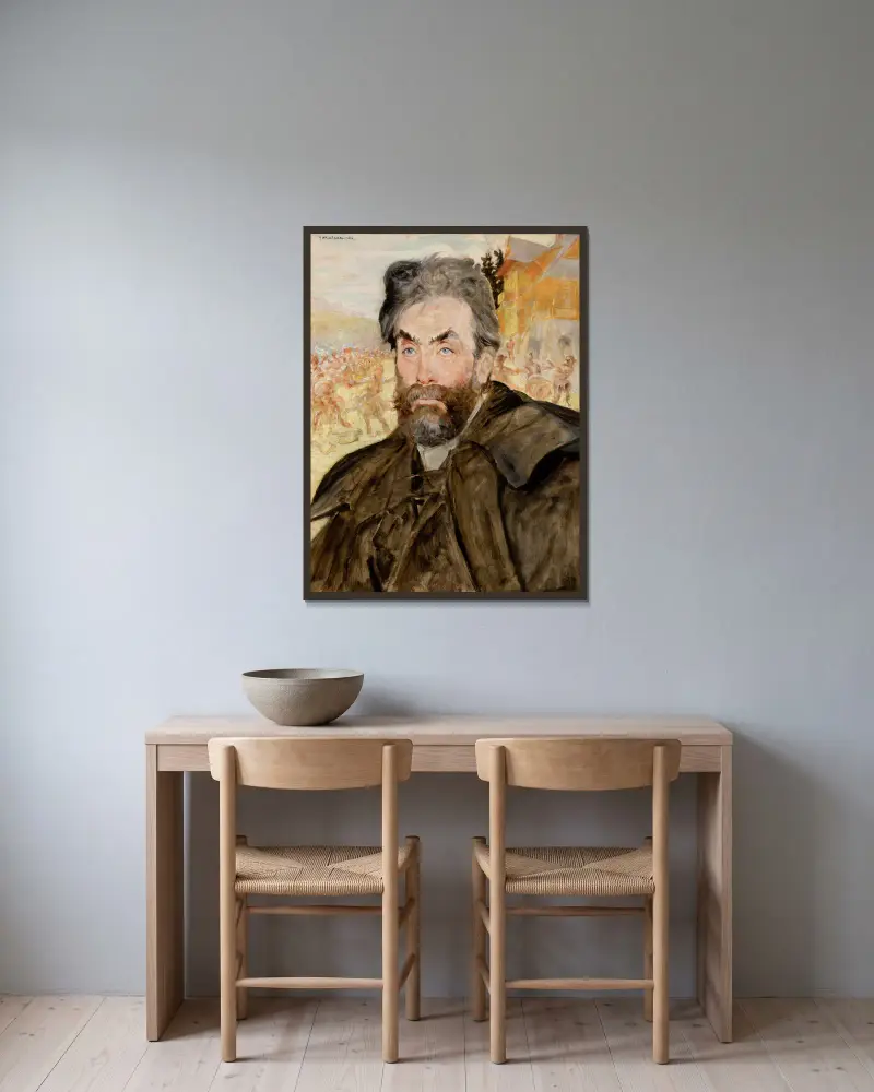 Portrait of Stanisław Witkiewicz av Jacek Malczewski inramad på en vägg