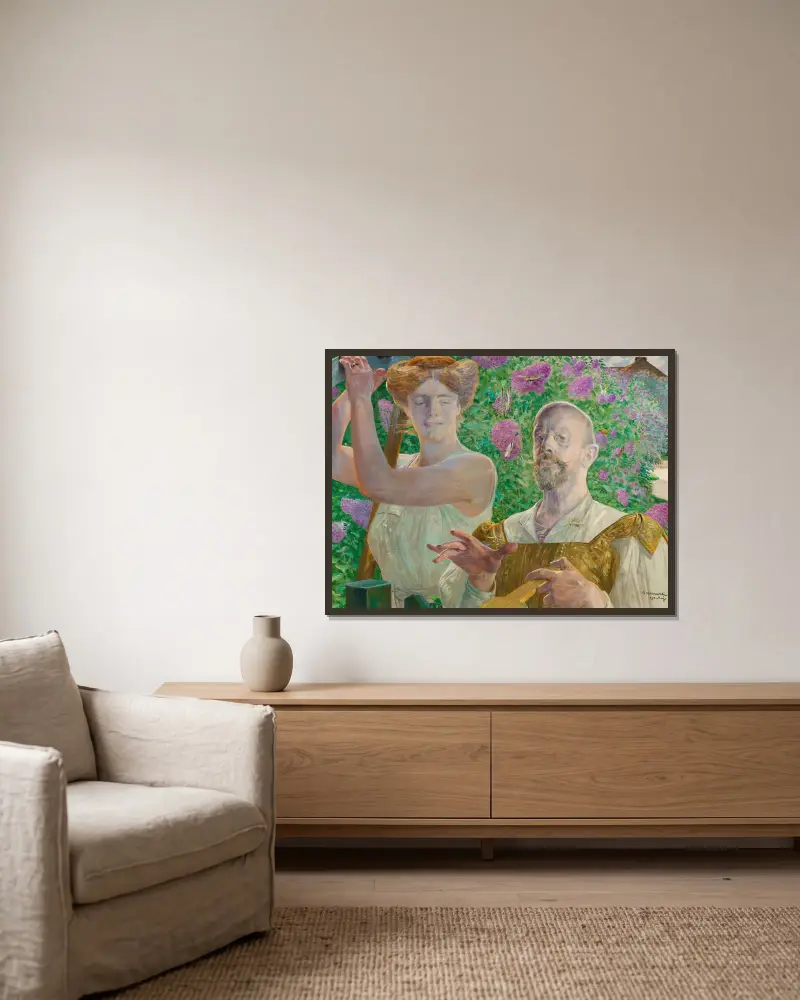 Self-portrait with muse and buddleia av Jacek Malczewski inramad på en vägg