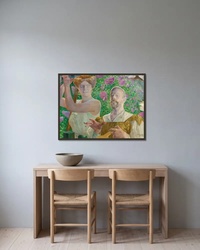 Self-portrait with muse and buddleia av Jacek Malczewski inramad på en vägg