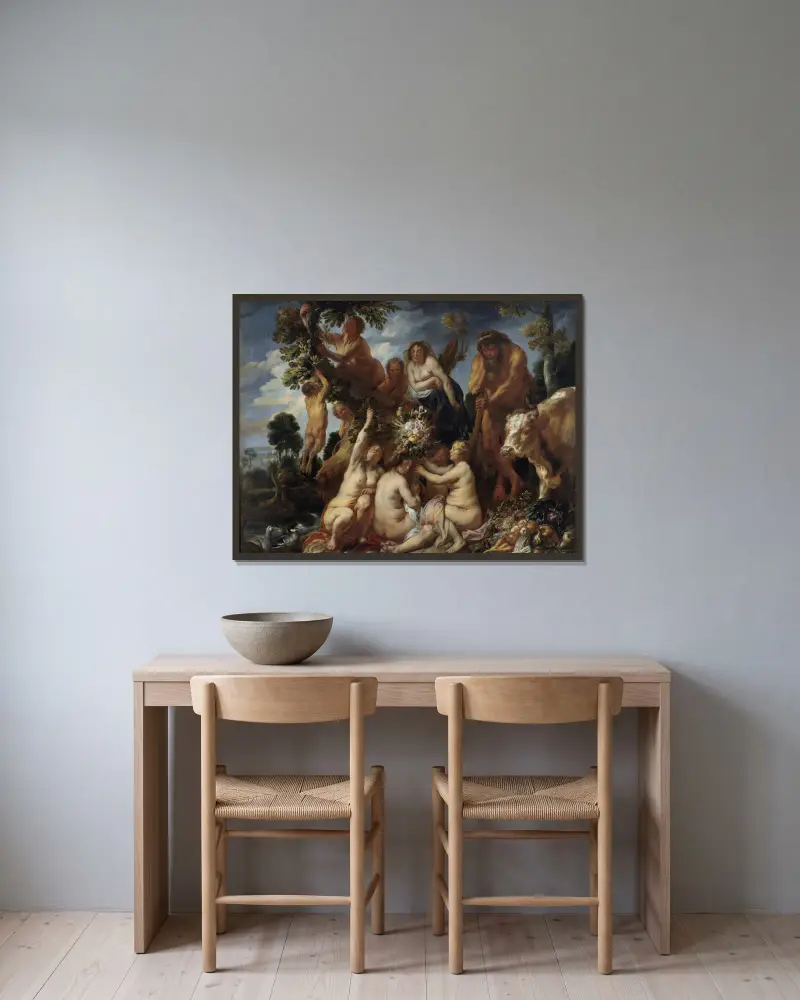 Achelous besegrad av Hercules. Ymnighetshornets ursprung (Allegori över fruktbarhet) av Jacob Jordaens inramad på en vägg