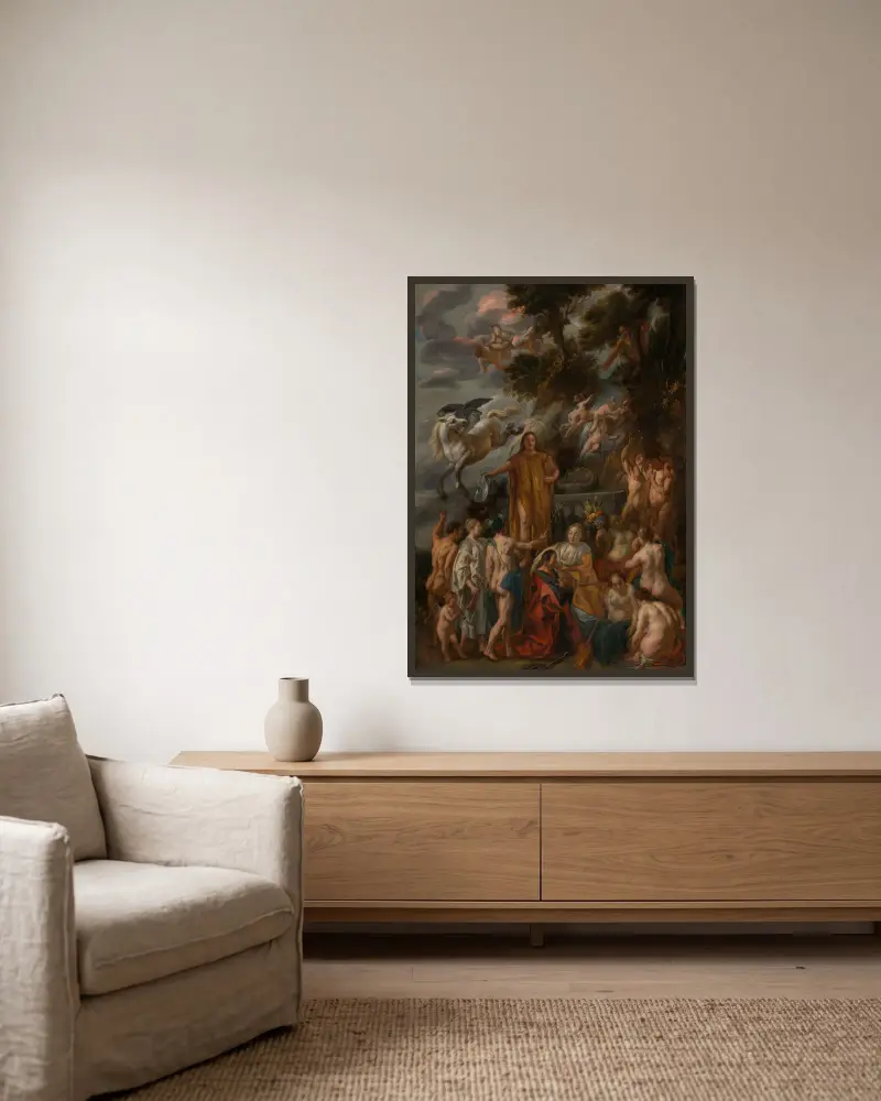 Allegorie des Dichters von Jacob Jordaens gerahmt an einer Wand