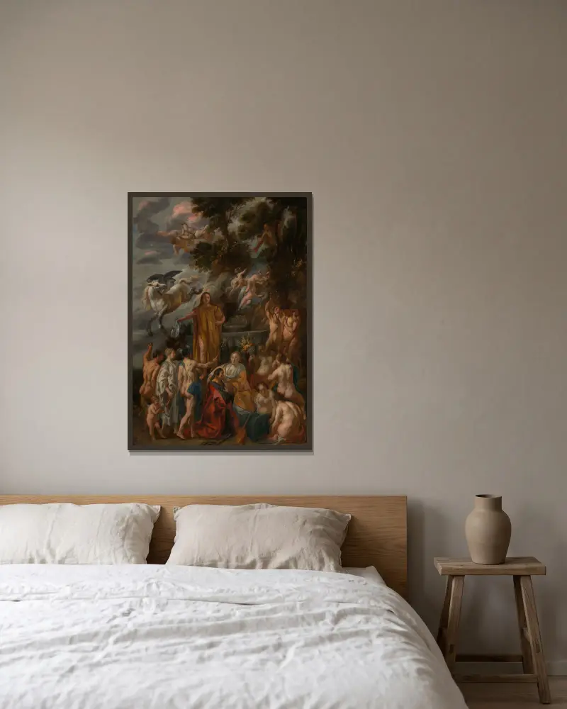 Allegorie des Dichters von Jacob Jordaens gerahmt an einer Wand