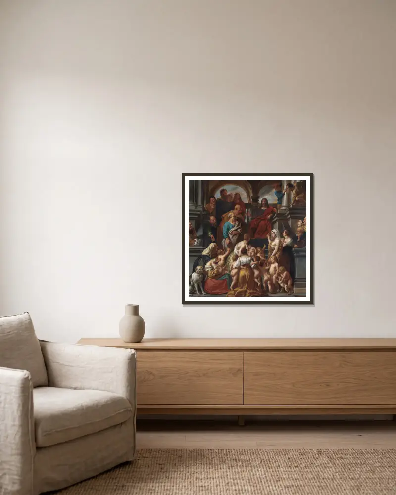 Christus segnet die kleinen Kinder. Lasset die Kindlein zu mir kommen von Jacob Jordaens gerahmt an einer Wand