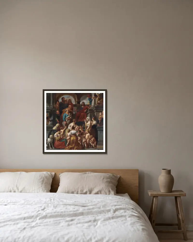 Christus segnet die kleinen Kinder. Lasset die Kindlein zu mir kommen von Jacob Jordaens gerahmt an einer Wand