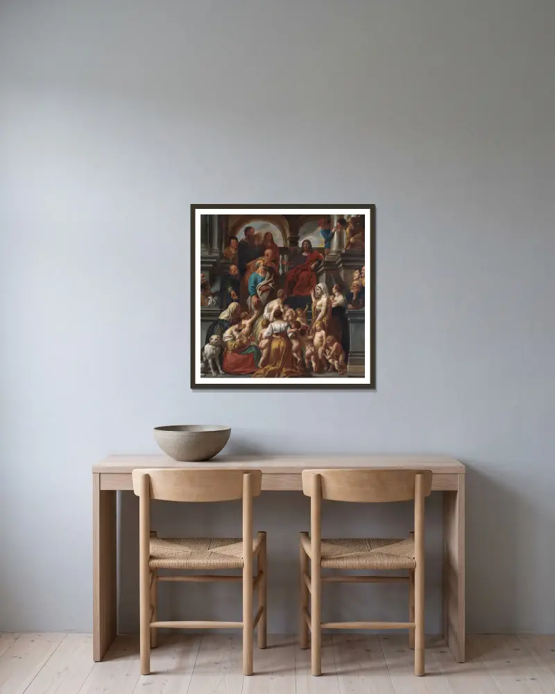 Christus segnet die kleinen Kinder. Lasset die Kindlein zu mir kommen von Jacob Jordaens gerahmt an einer Wand