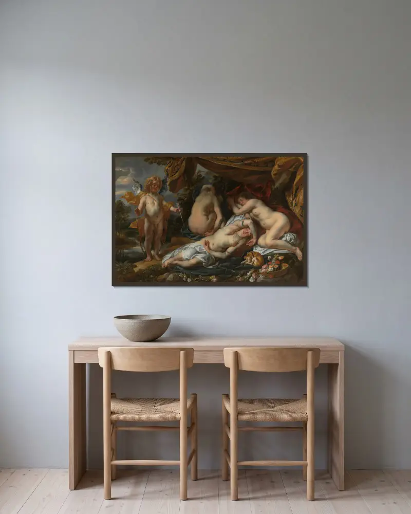 Cupid and Psyche av Jacob Jordaens inramad på en vägg
