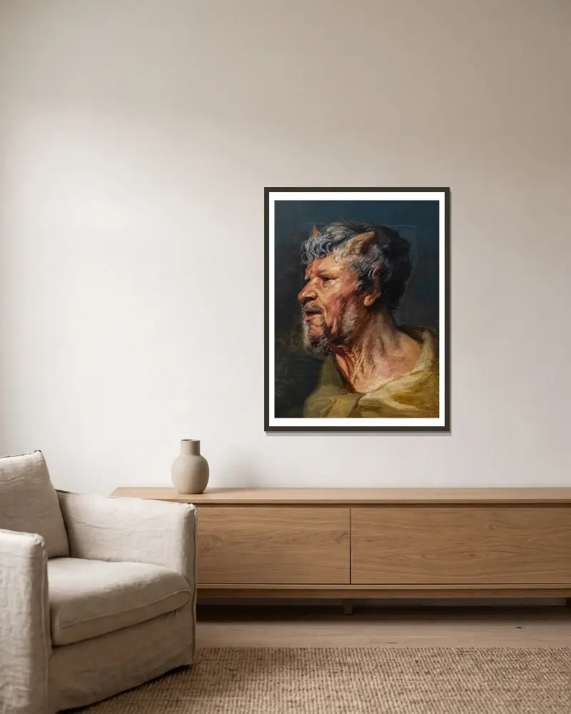 Faunhuvud av Jacob Jordaens inramad på en vägg