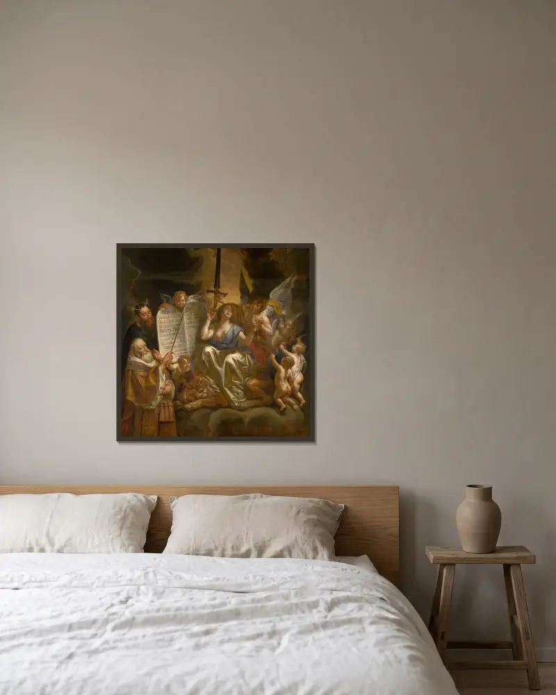 Mänsklig lag grundad på gudomlig rättvisa av Jacob Jordaens inramad på en vägg