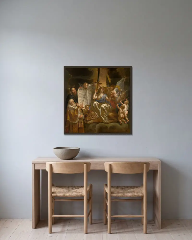 Mänsklig lag grundad på gudomlig rättvisa av Jacob Jordaens inramad på en vägg