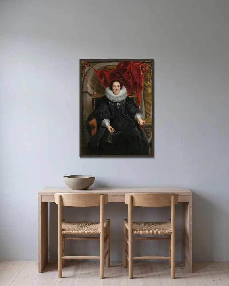 Porträtt av Catharina Behaghel av Jacob Jordaens inramad på en vägg