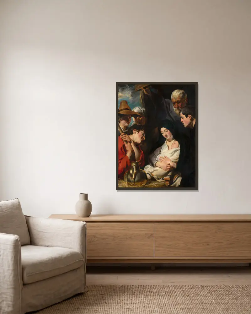 Herdarnas tillbedjan, 1617 av Jacob Jordaens inramad på en vägg