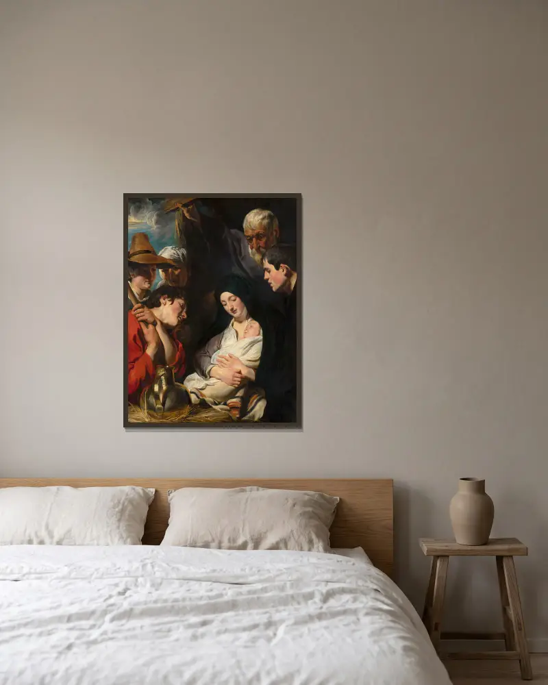 Herdarnas tillbedjan, 1617 av Jacob Jordaens inramad på en vägg