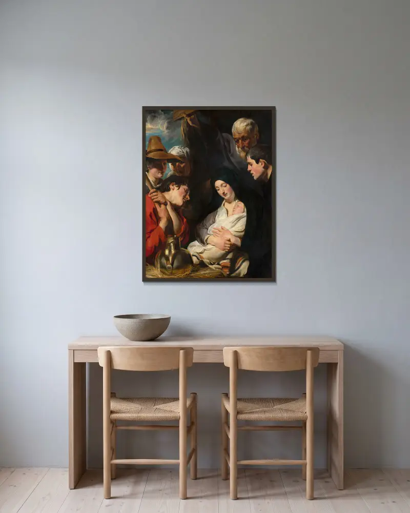 Herdarnas tillbedjan, 1617 av Jacob Jordaens inramad på en vägg