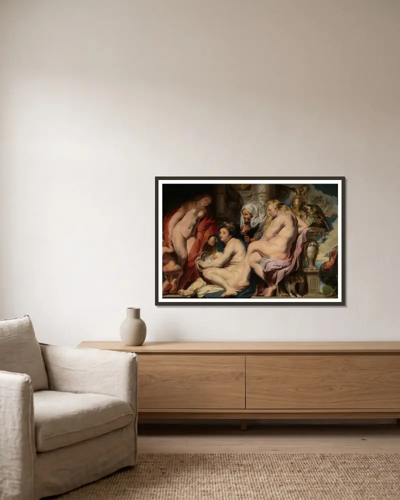 Kekrops döttrar finner barnet Erichthonius av Jacob Jordaens inramad på en vägg
