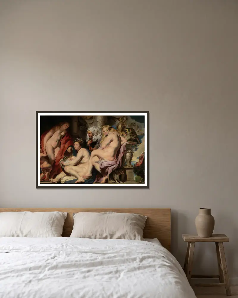 Kekrops döttrar finner barnet Erichthonius av Jacob Jordaens inramad på en vägg
