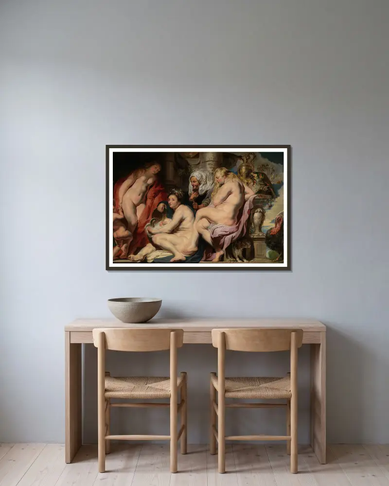 Kekrops döttrar finner barnet Erichthonius av Jacob Jordaens inramad på en vägg