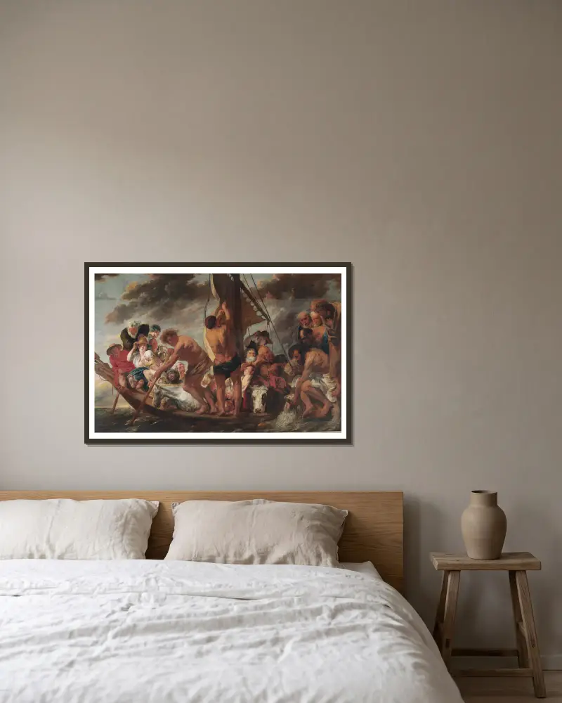 Skattepenningen. Petrus finner silvermyntet i fiskens mun. Även kallad 'Färjan till Antwerpen' av Jacob Jordaens inramad på en vägg