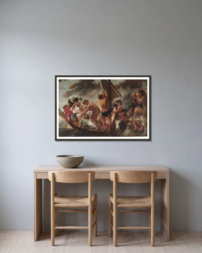 Skattepenningen. Petrus finner silvermyntet i fiskens mun. Även kallad 'Färjan till Antwerpen' av Jacob Jordaens inramad på en vägg