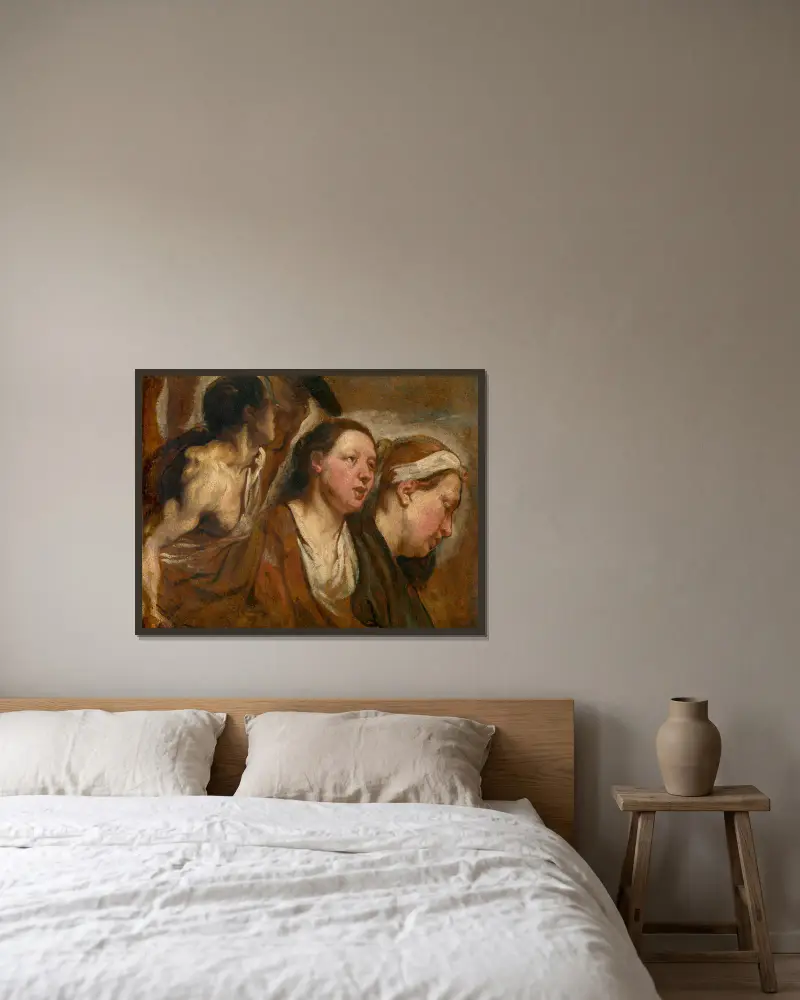 Två kvinnohuvuden och en krigares torso av Jacob Jordaens inramad på en vägg