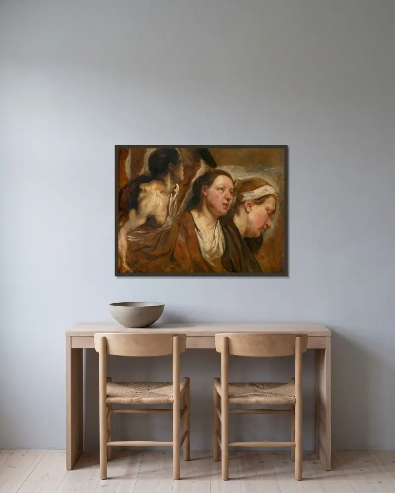 Två kvinnohuvuden och en krigares torso av Jacob Jordaens inramad på en vägg