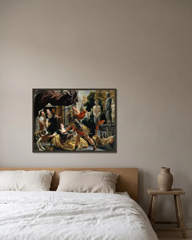 Odysseus droht Kirke von Jacob Jordaens gerahmt an einer Wand