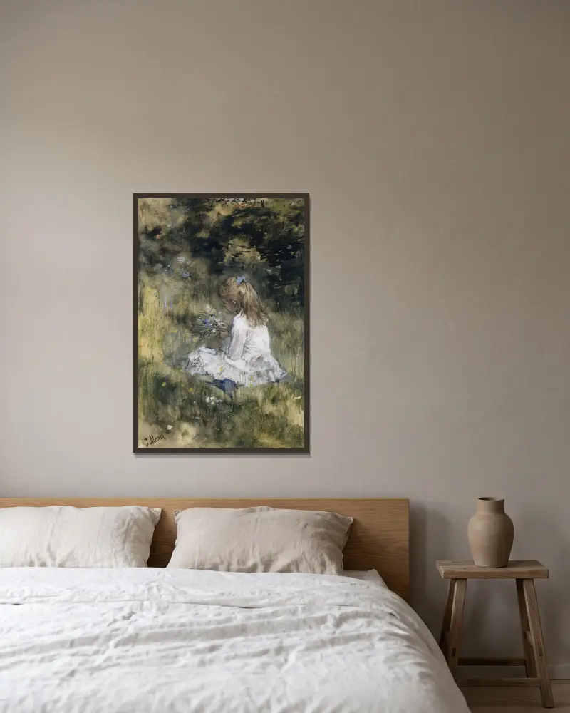 Flicka med blommor på gräset av Jacob Maris inramad på en vägg