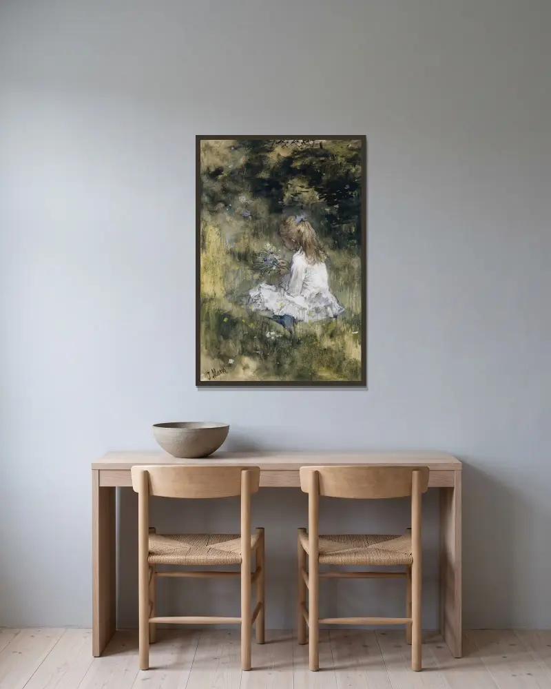 Flicka med blommor på gräset av Jacob Maris inramad på en vägg