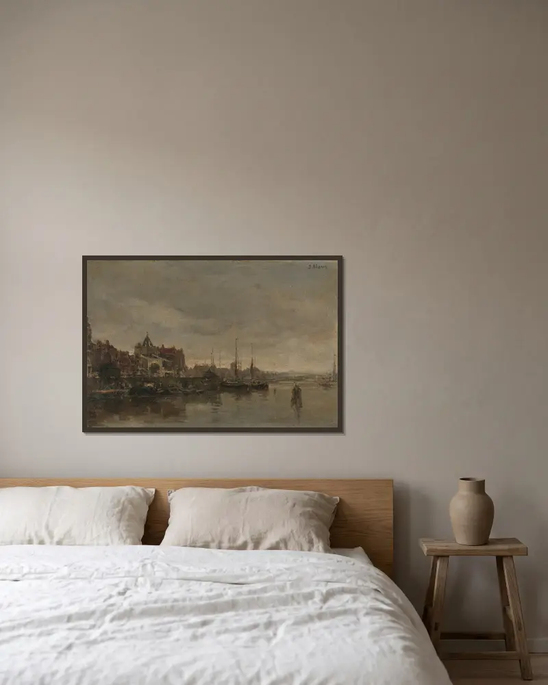 Schreierstoren med bron över Gelderse Kade i Amsterdam av Jacob Maris inramad på en vägg