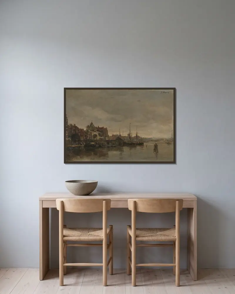 Schreierstoren med bron över Gelderse Kade i Amsterdam av Jacob Maris inramad på en vägg