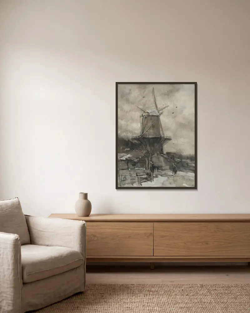 Een molen in de winter av Jacob Maris inramad på en vägg