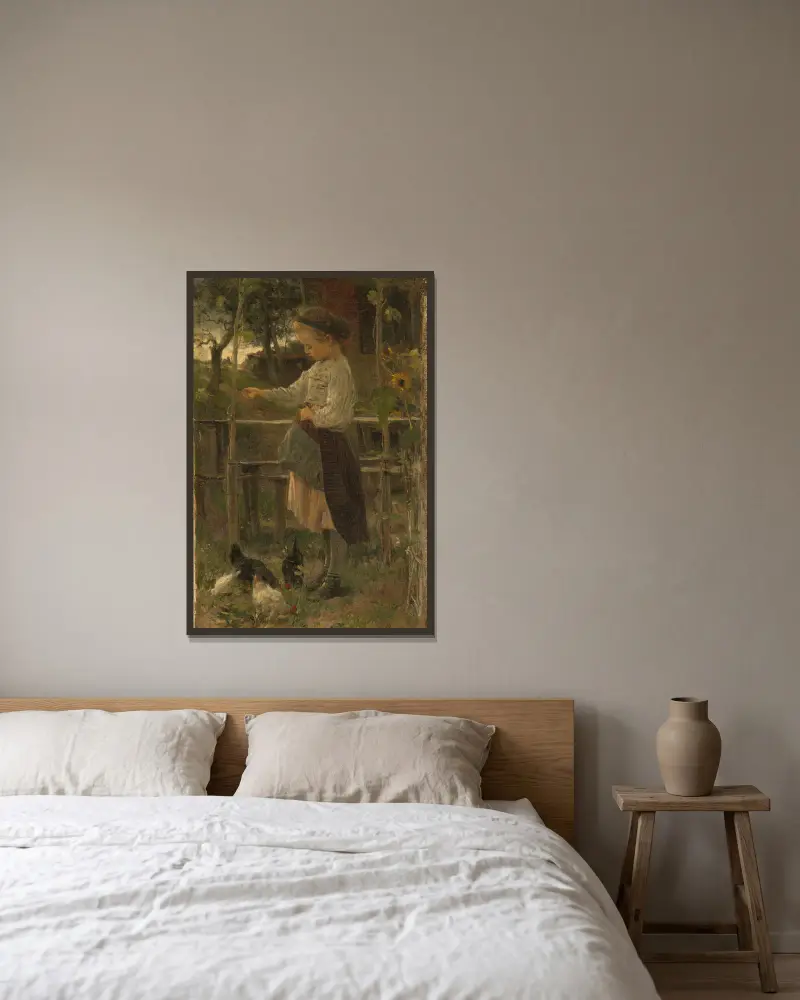 Hühnerfütterung von Jacob Maris gerahmt an einer Wand