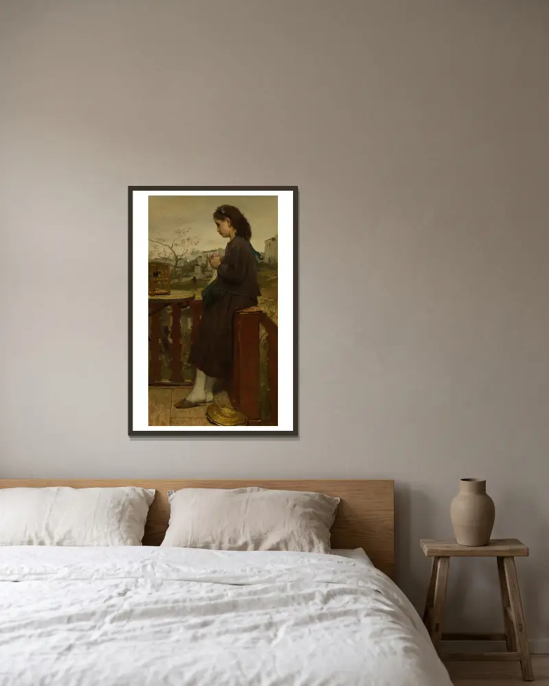 Flicka som stickar på en balkong, Montmartre av Jacob Maris inramad på en vägg