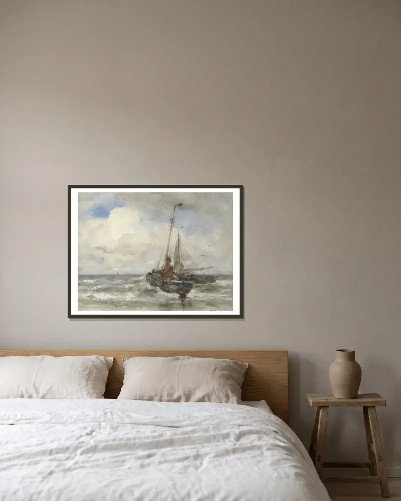 Dva rybářské čluny na pláži, Jacob Maris v rámu na stěně